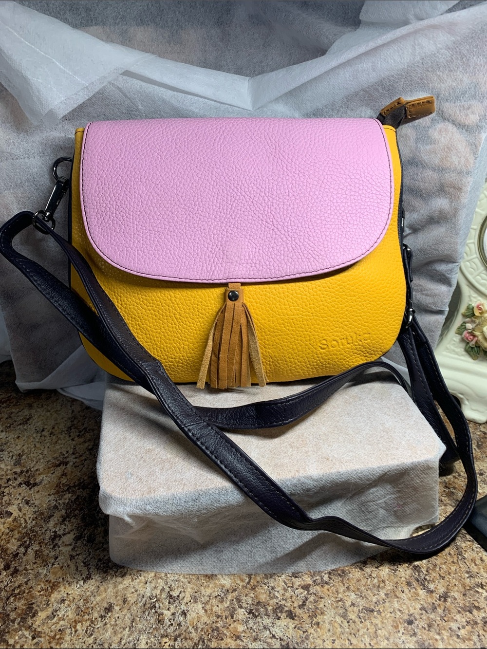 Soruka Lola  Pink/ Yellow Reversible Pebbled  Leather Crossbody Bag  With Tassel